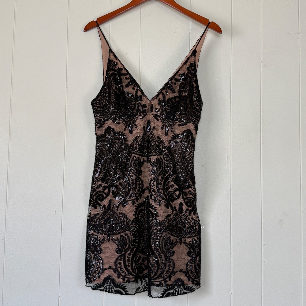 Free People Women Boho Black Lace Sequin Mini Dress Size 2 Whimsigoth Romantic